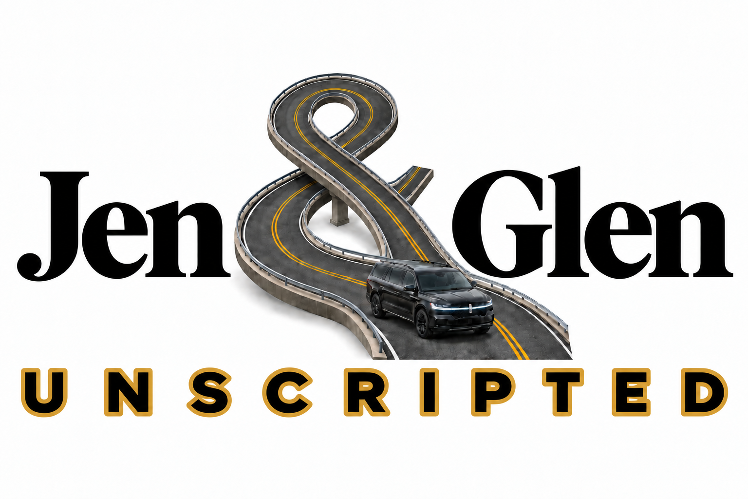 Jen & Glen Unscripted — road ampersand with our black Navigator, black lettering and gold trim