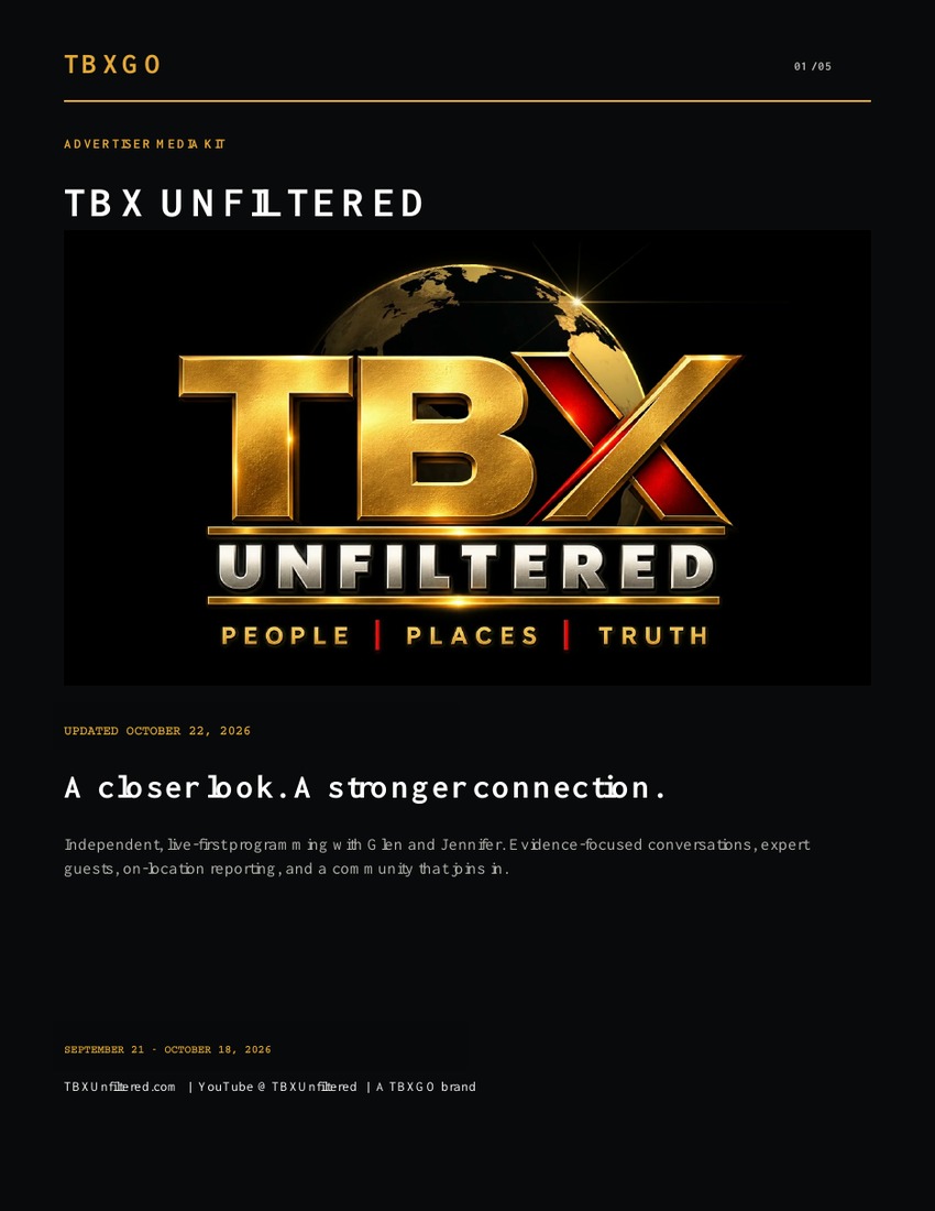 Cover of the updated TBX Unfiltered advertiser media kit, October 12, 2026
